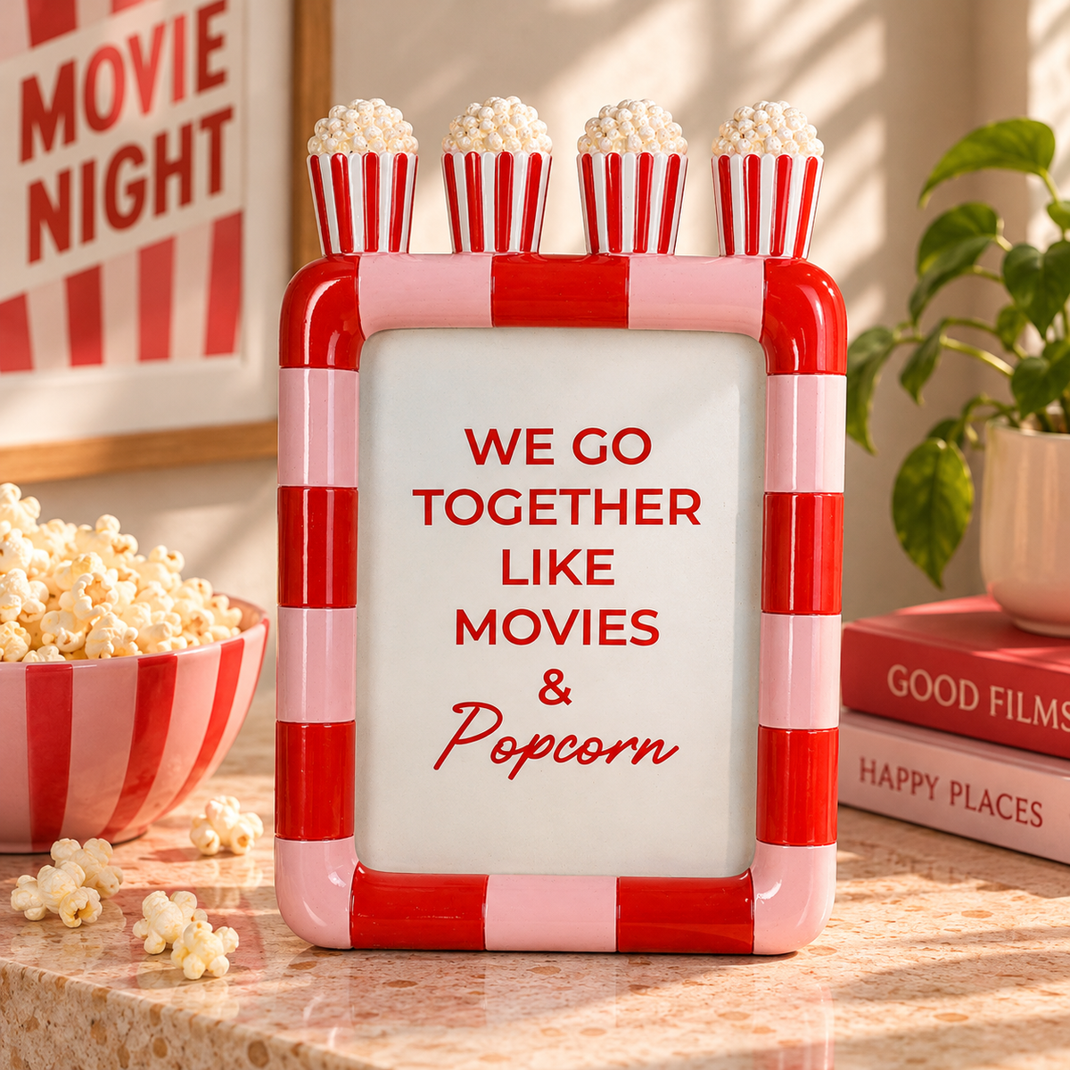 Popcorn Movie Night Polyresin Photo Frame 18 x 13 cm Red Pink