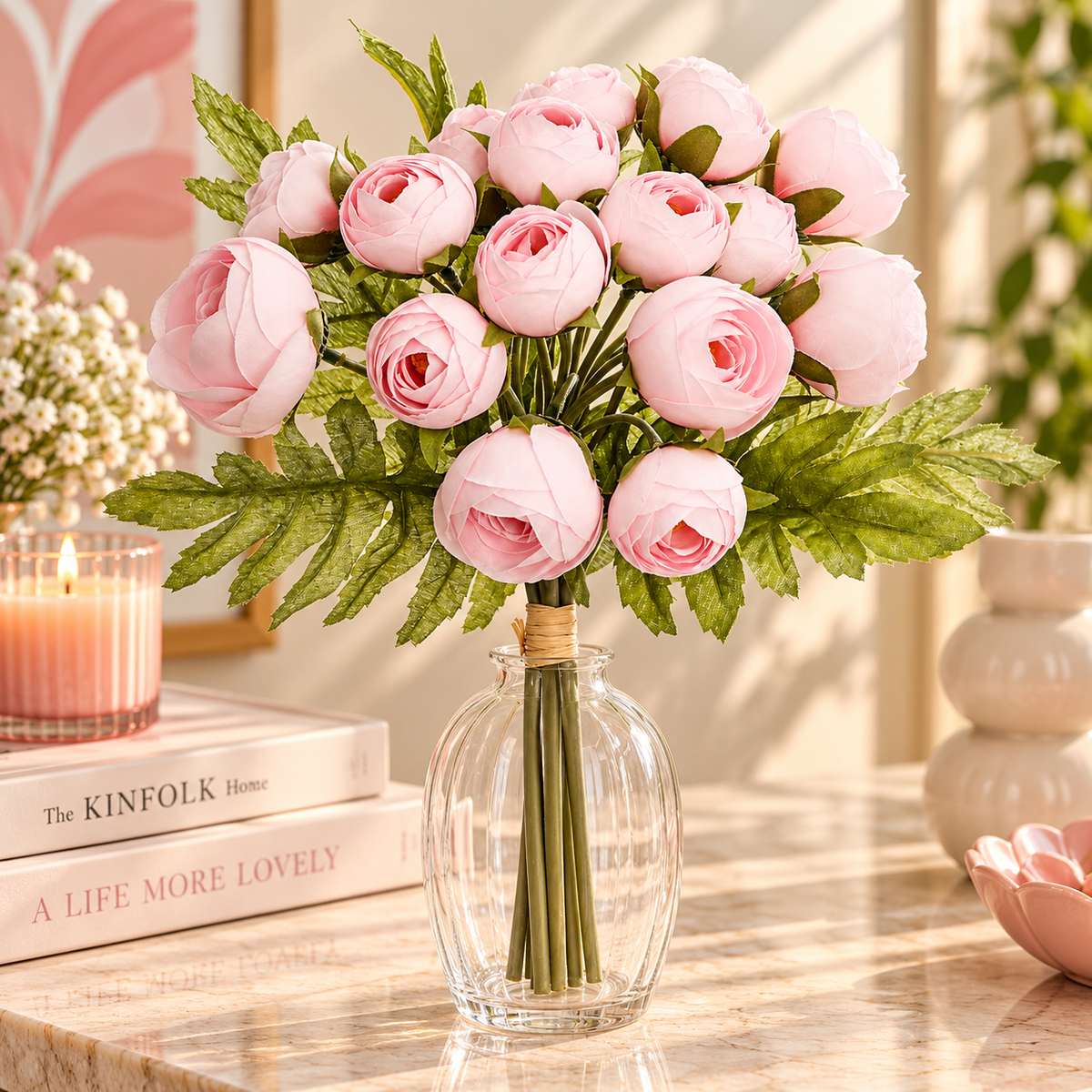 Bouquet of 18 Mini Artificial Camellias with Realistic Foliage