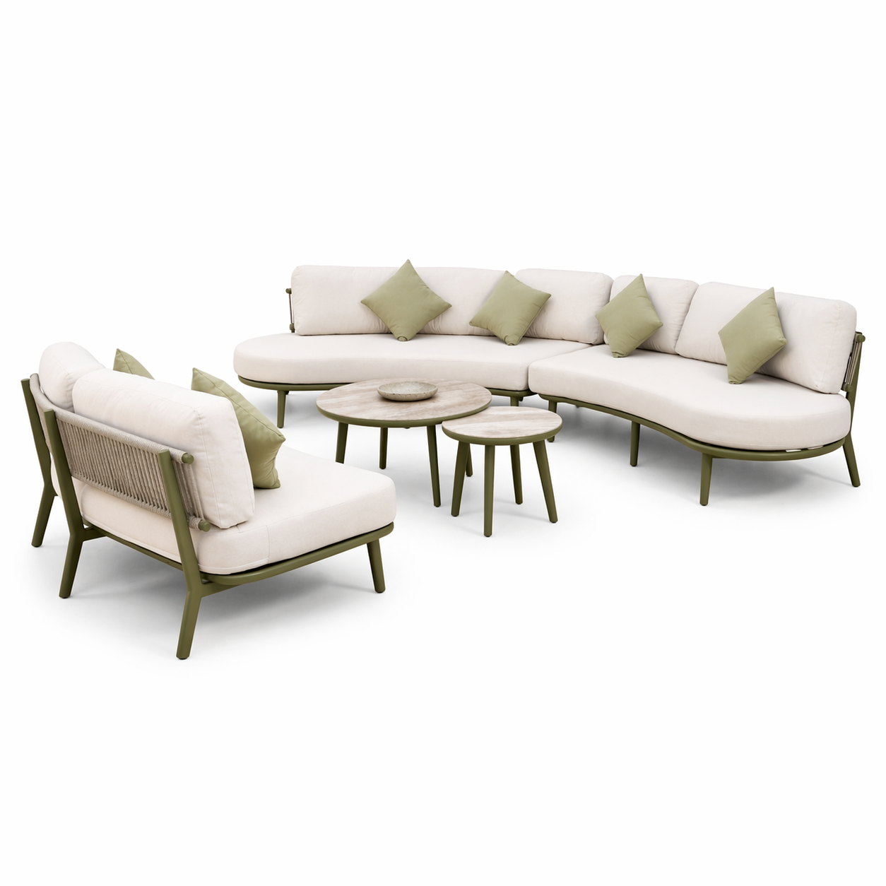 Curved Outdoor Lounge Set 3+3+2+2 with Ceramic Tables, Green, Pink