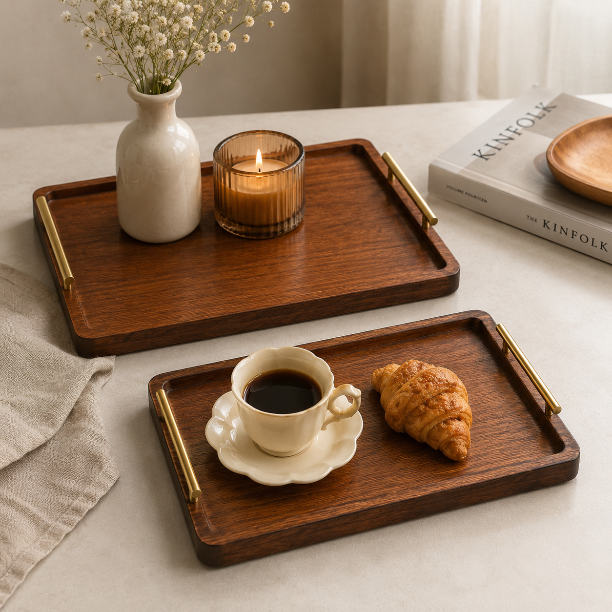 Wooden Tray with Golden Handles