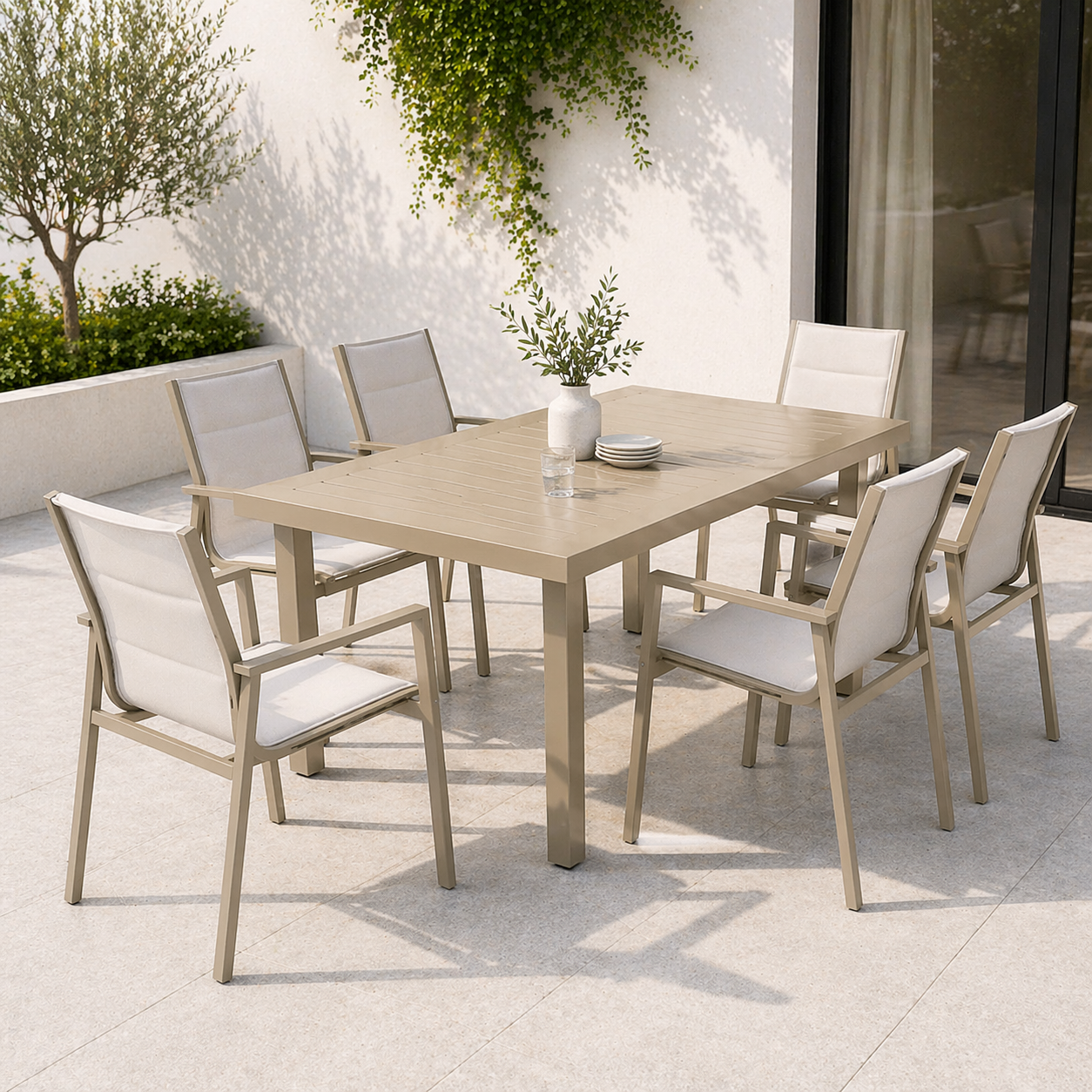 Extendable Aluminum Dining Set 6 Chairs, Table 90/180 × 90 × 75 cm