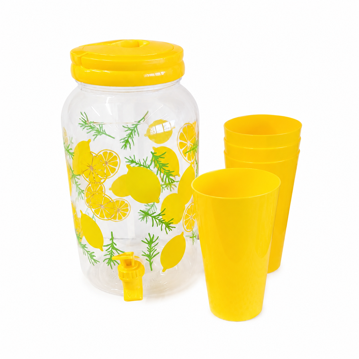 PLASTIC DRINK DISPENSER WITH CUPS “LEMON” WITH SPOUT