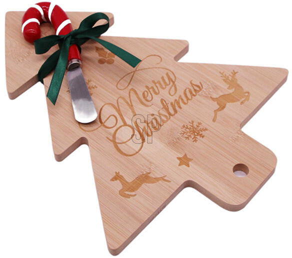 Christmas Cheese Plate Bamboo with Knife - Tree-Shaped Serving Board