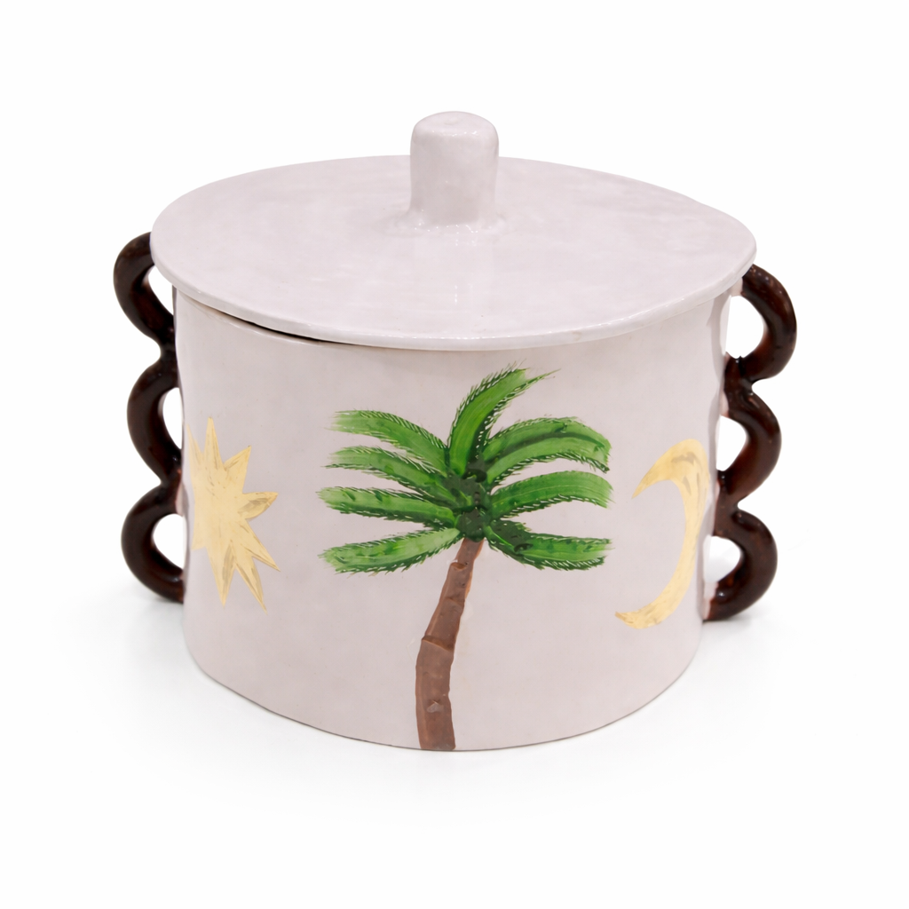 Handmade Ceramic Lidded Serving Pot with Palm Motif D20 x H15 cm