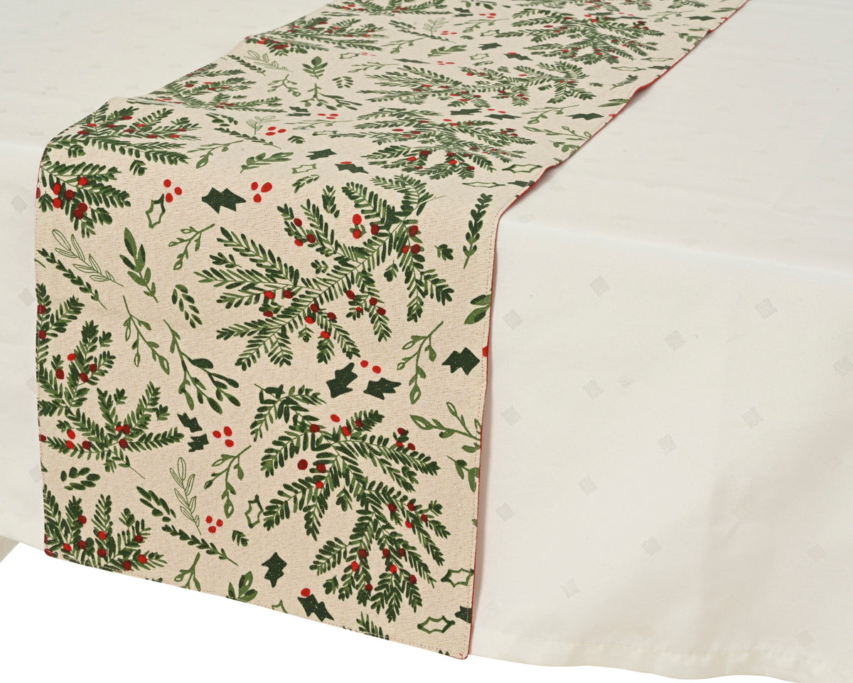 Table Runner Cotton Rectangular Mistletoe & Holly Leaf 150x30cm