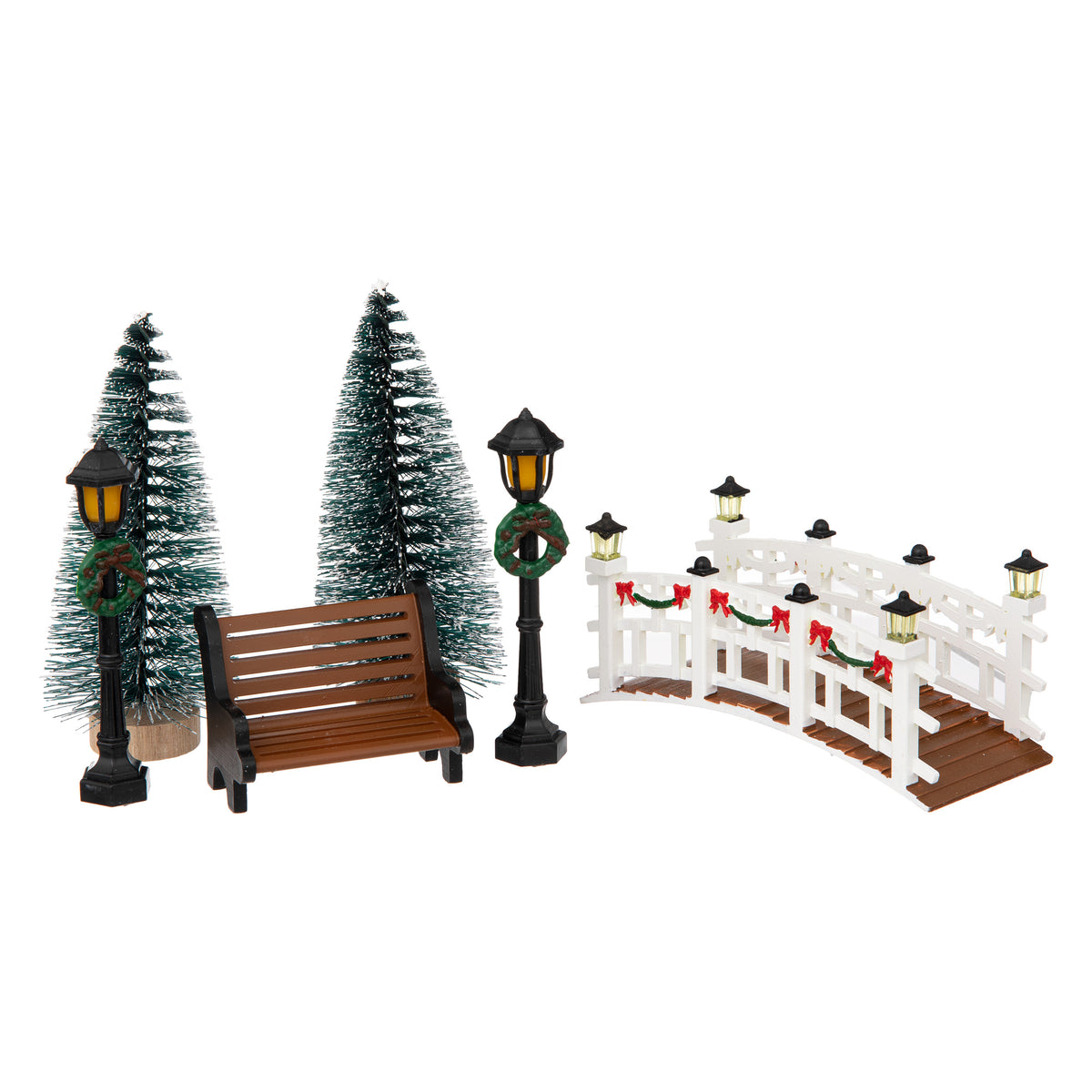 Christmas Village Accessory Set with Trees, Bench, and Bridge