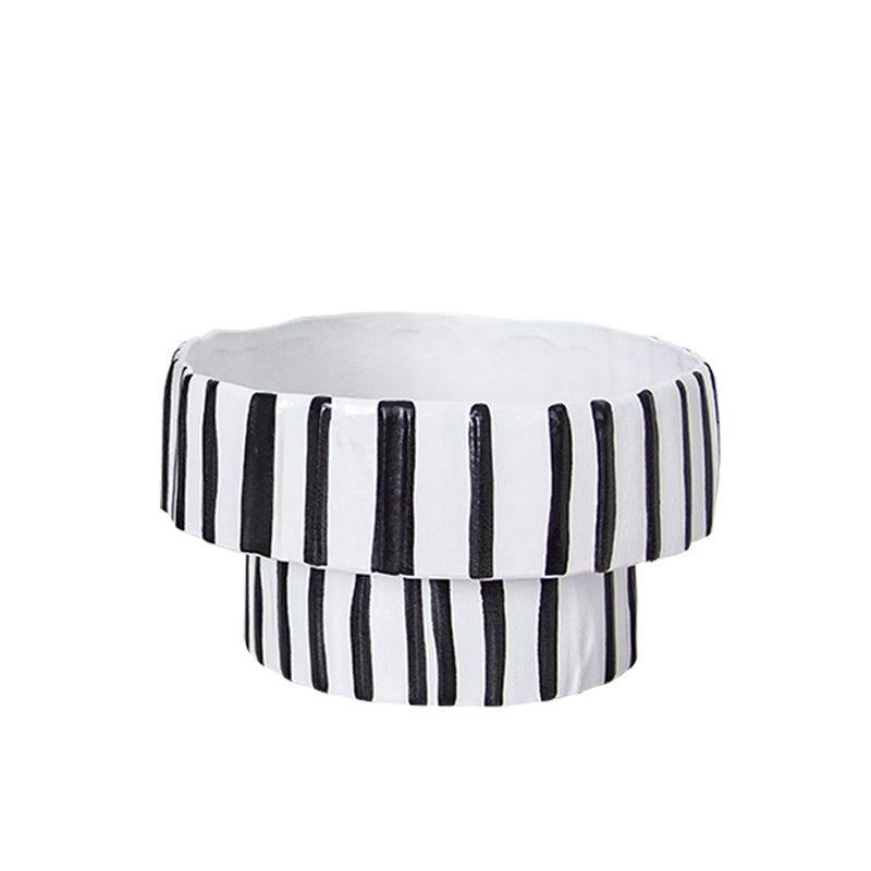 Black and White Ceramic Bowl - Modern Striped Decorative Centerpiece 29cm