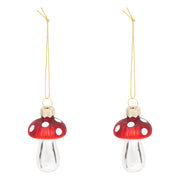 Set of 2 Mushroom Decorations - Glass Red & White Hanging Ornaments