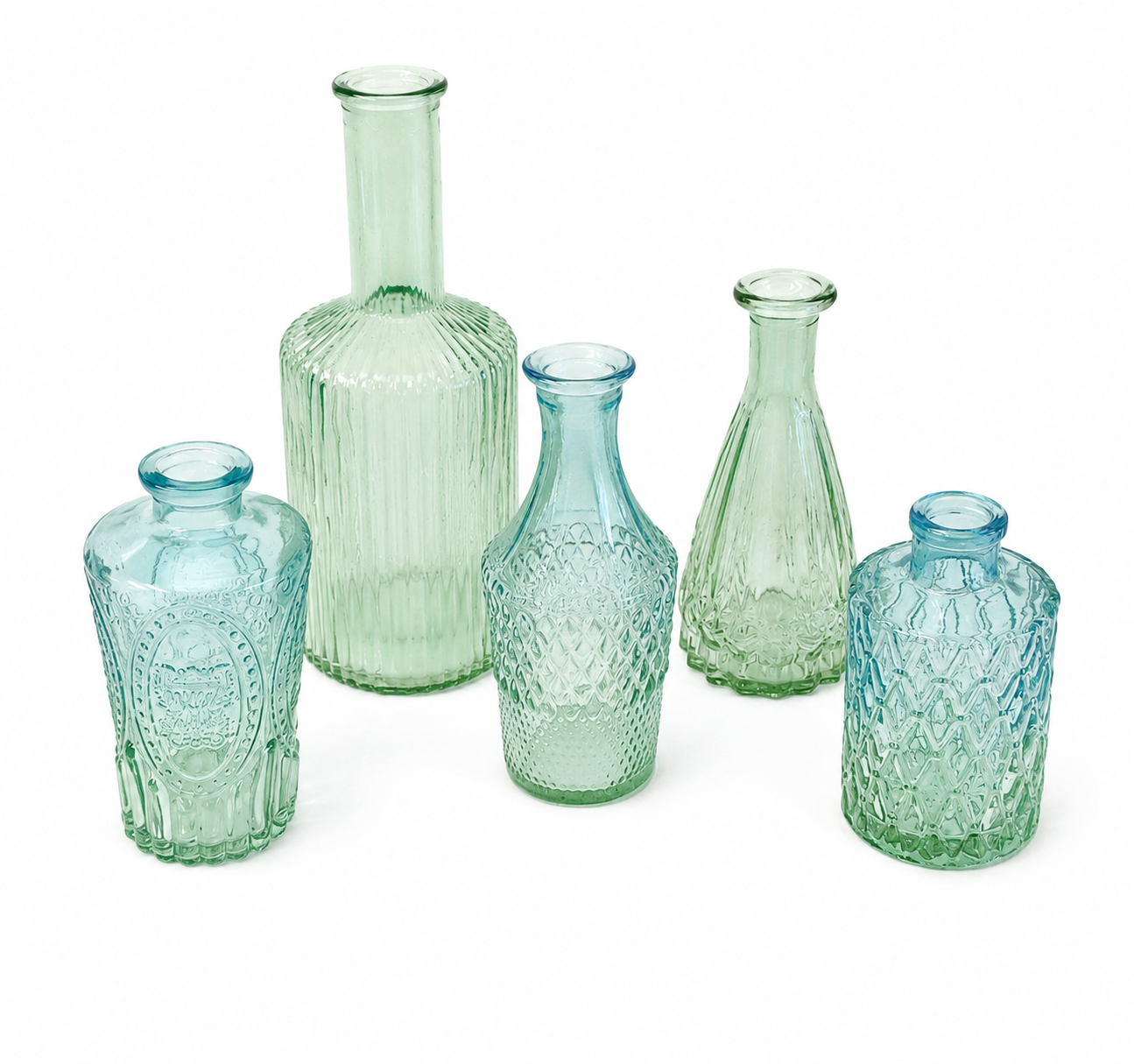 Set of 5 Decorative Glass Vases – Green & Blue Mini Bottles