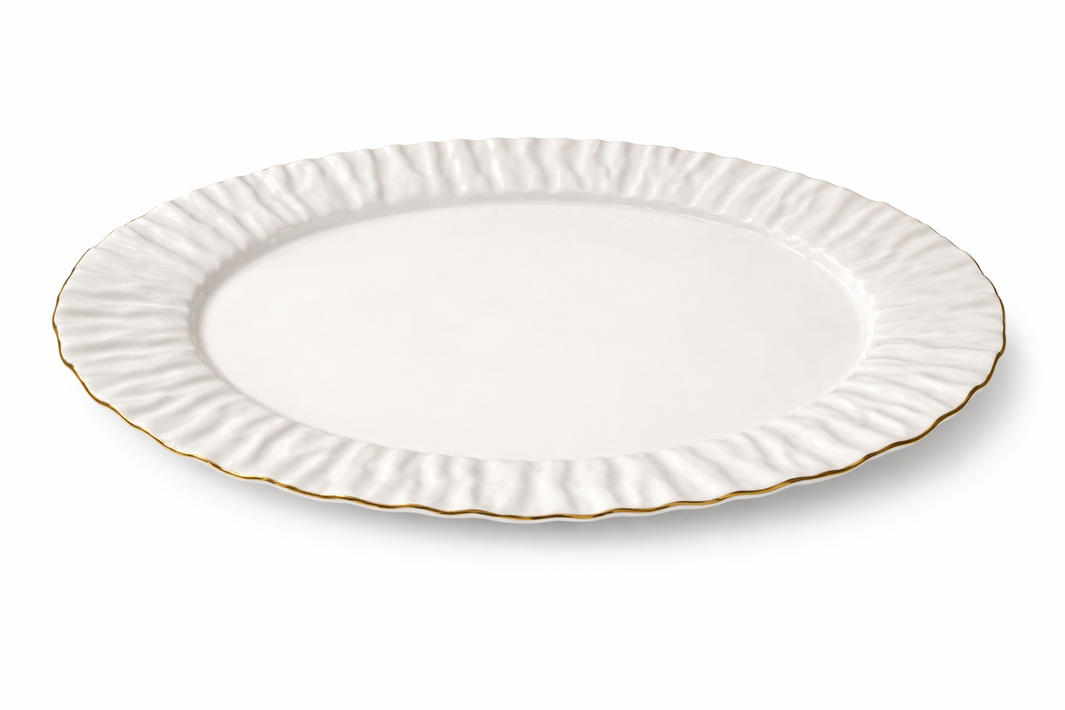 Porcelain Oval Serving Platter Ruffled Rim Gold Trim 48x33x5 cm