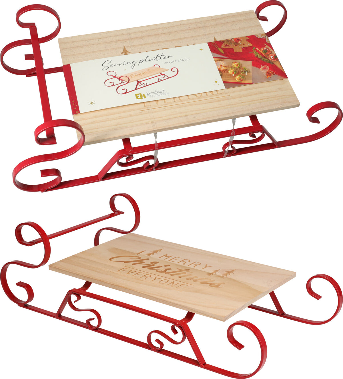 Serving Tray Pinuswood - Pine Wood Serving Platter with Red Metal Sled