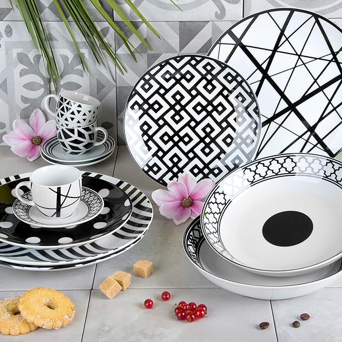 Emily Dinner Set, 18-piece Porcelain, Black and White
