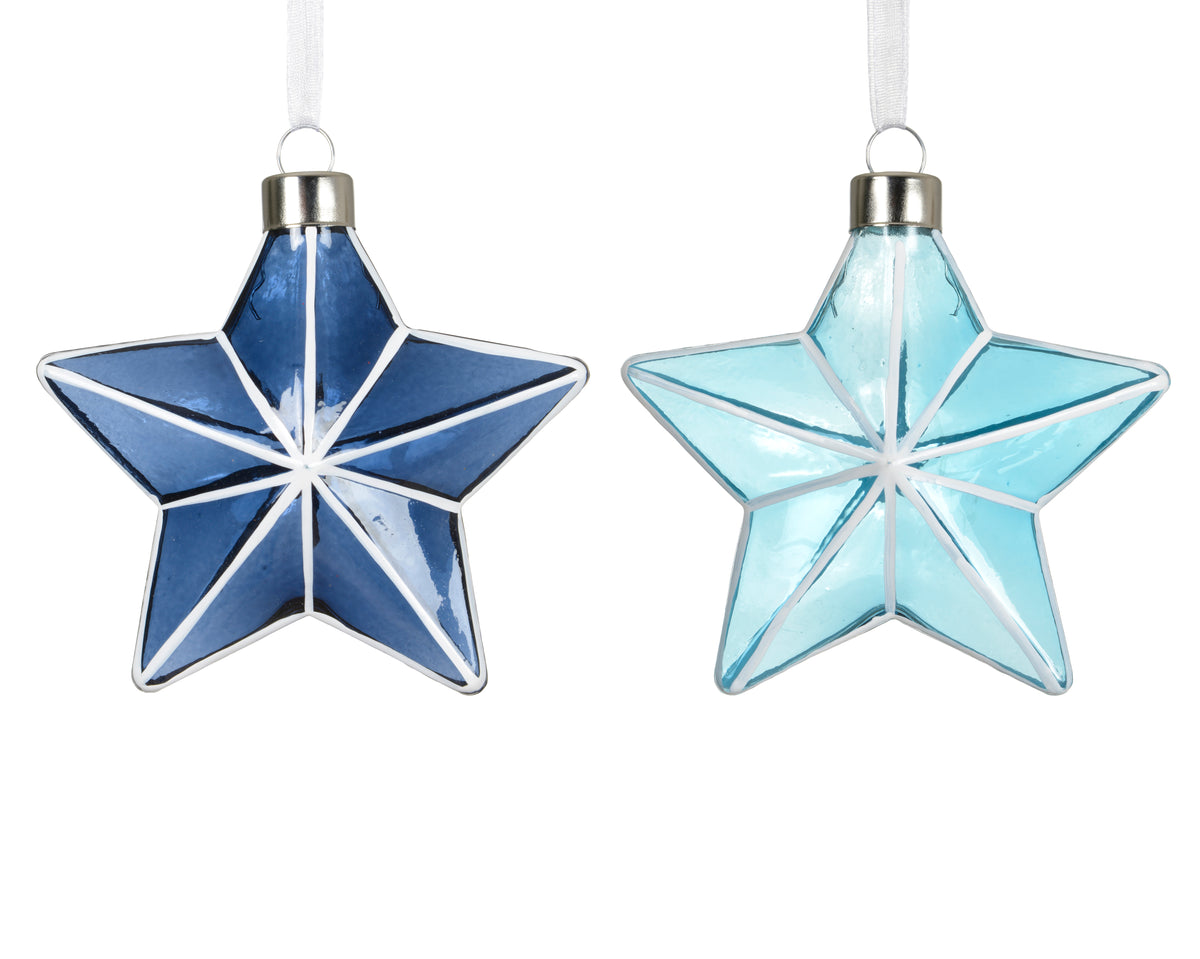 Star glass shiny - enamel w white lines - Glass star ornament