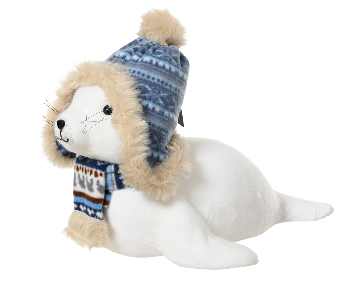 Seal Polyester With Scarf & Hat - Cream Christmas Decoration