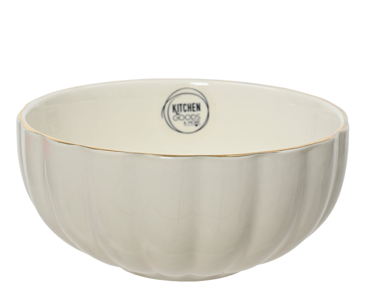 Bowl Porcelain Round Shiny Corolla Design w Gold Rim, White 15 cm