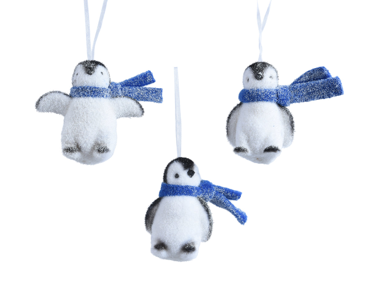 Penguin Polystyrene Flocked Glitter Ornament with Blue Scarf