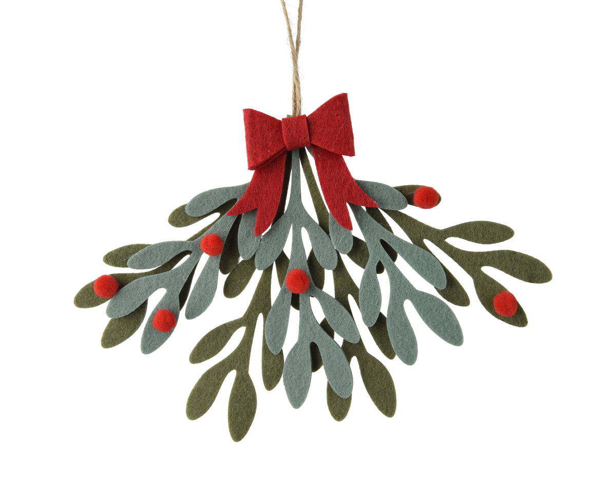 Leaf Felt Hanging Mistletoe Ornament with Red Bow
