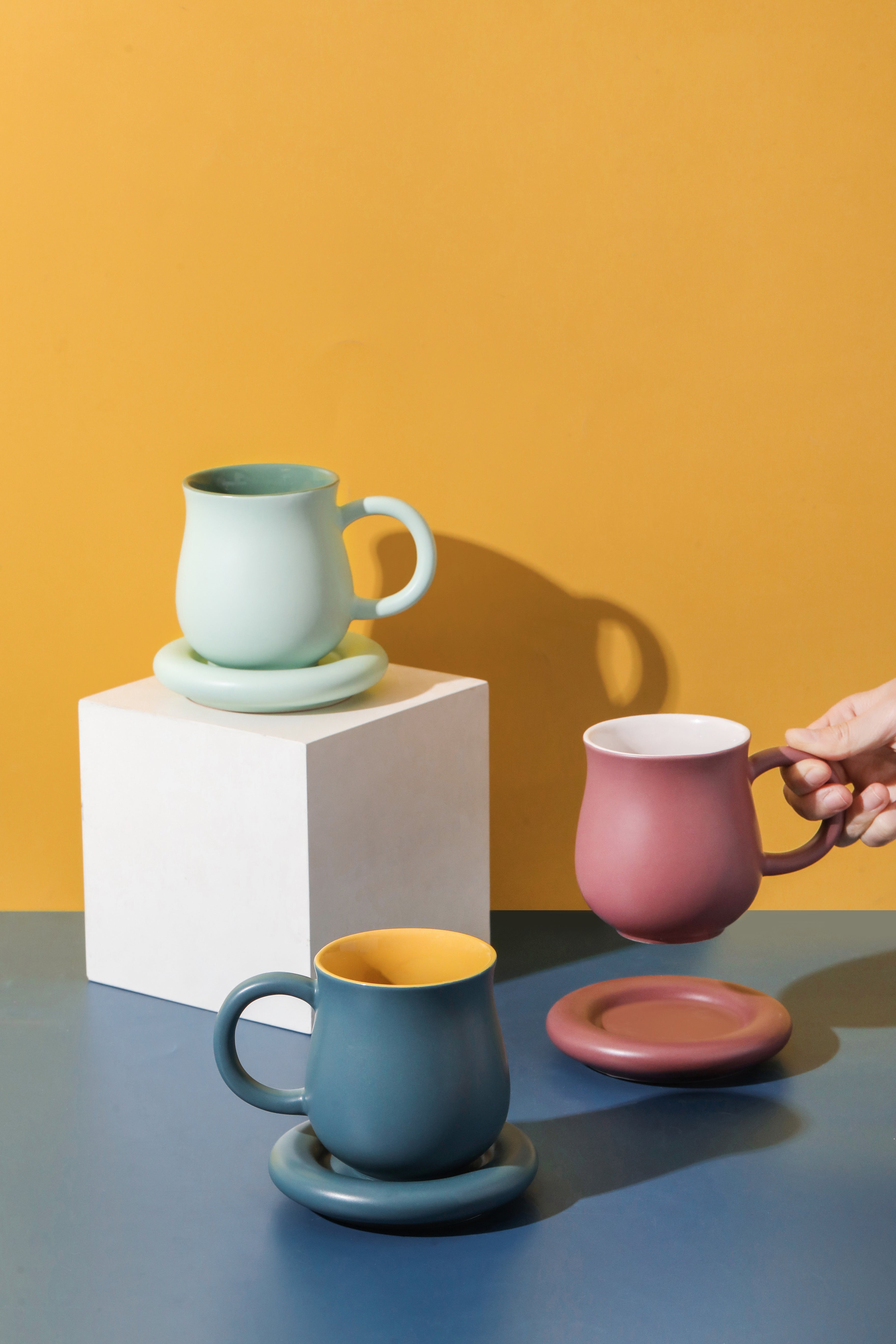 Stoneware Mug with Saucer - Green, Pink