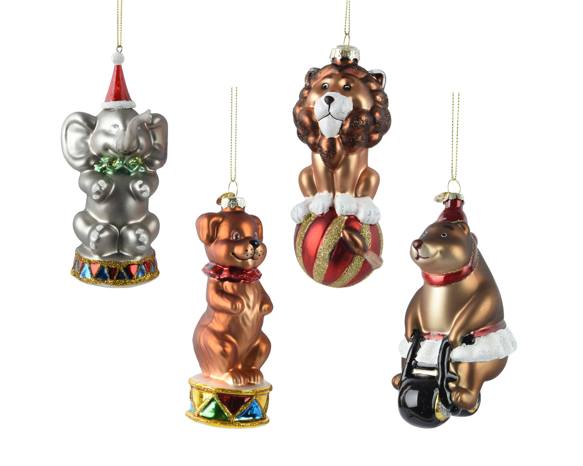 Animals glass w big drum - ball - scooter - small drum | Glass Tree Ornaments Bear Dog Elephant Lion