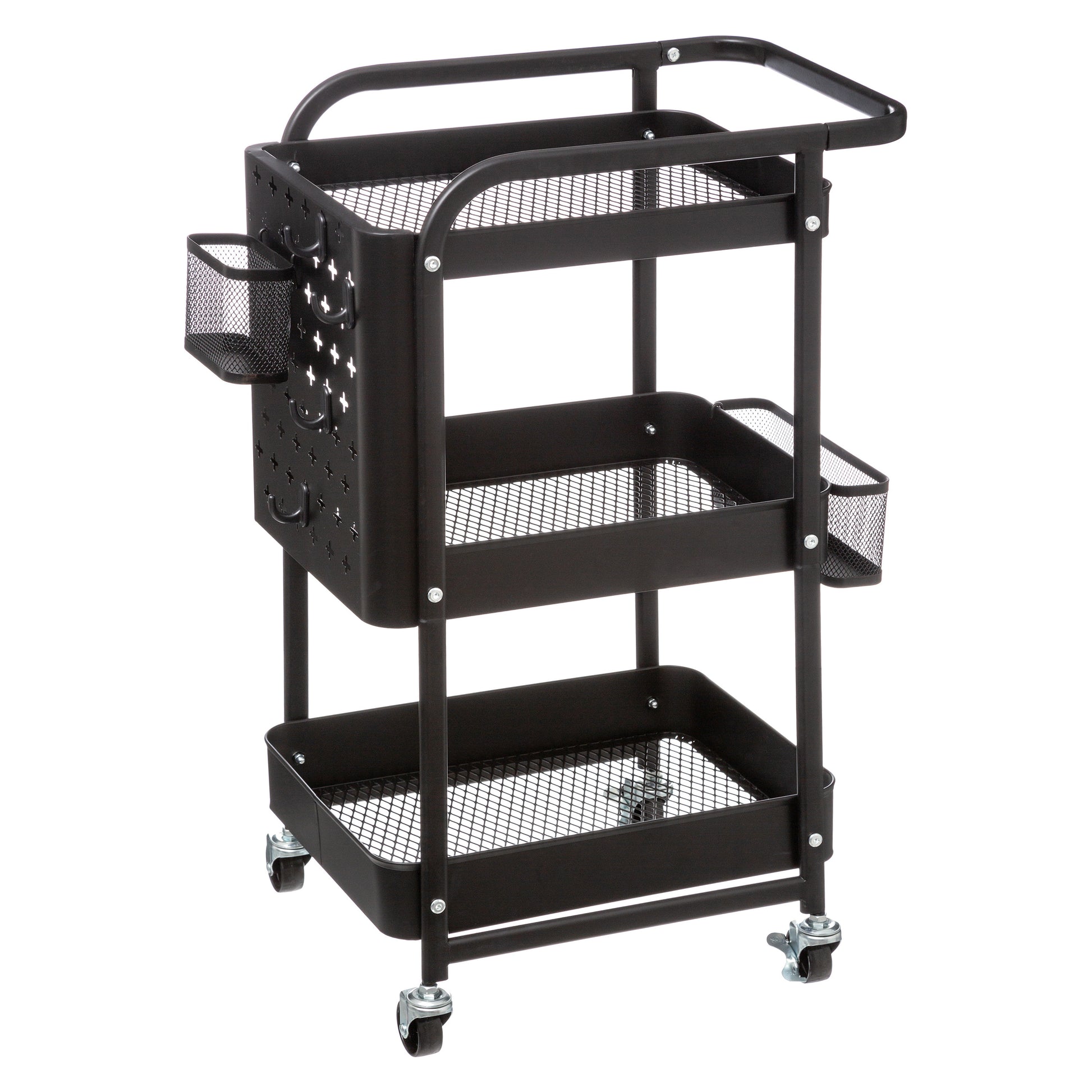 Black perforated metal trolley — 3-tier storage cart with casters