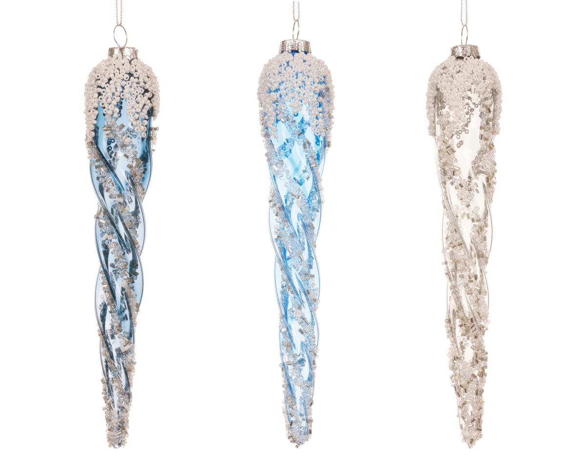 Ornament Glass Transparent w Sequin Swirls, Bead Top, 19cm
