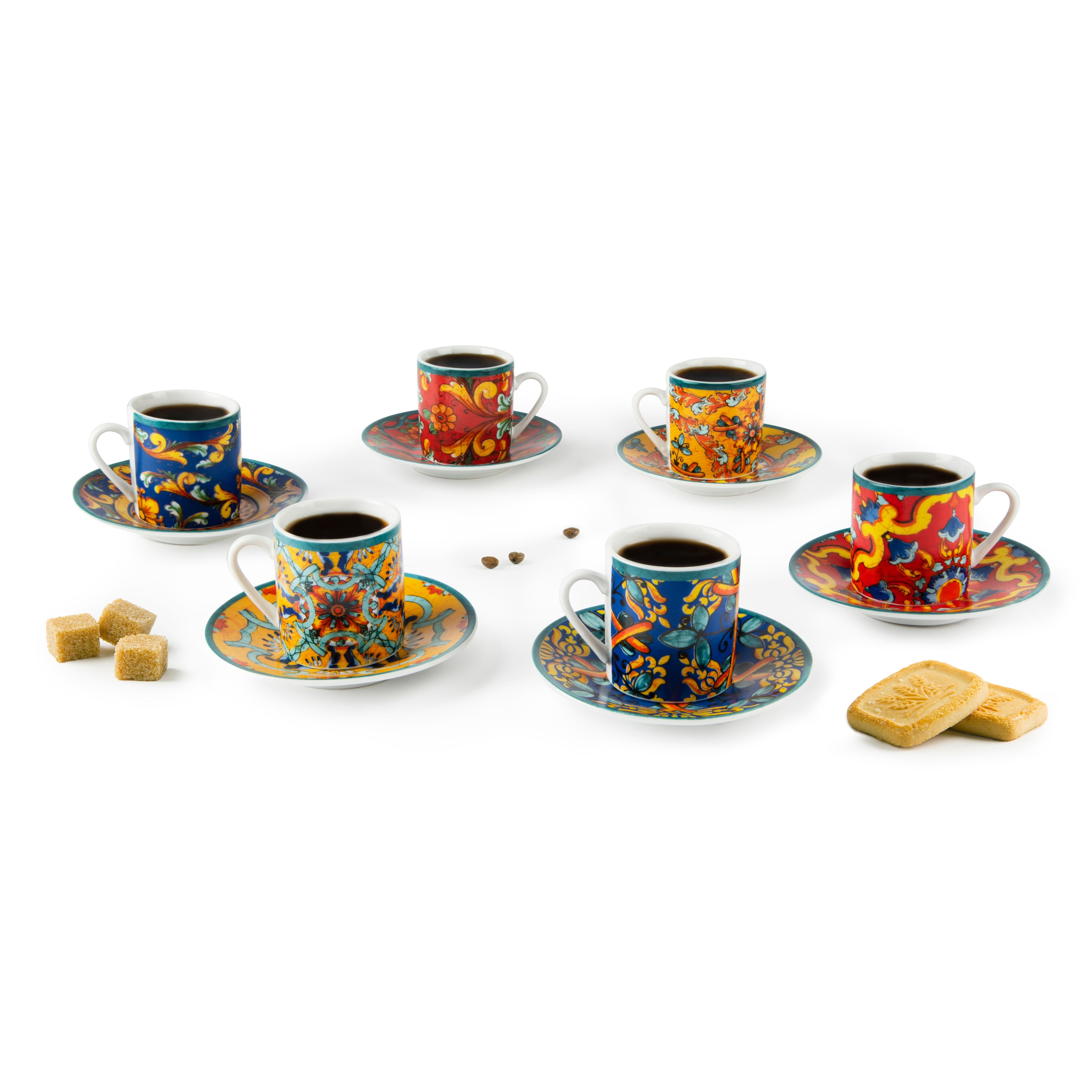 Trinacria Coffee Cups Set of 6 - Porcelain with Saucers