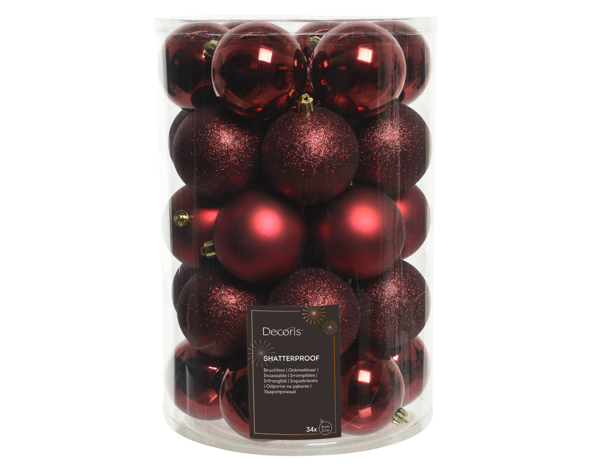 Bauble polystyrene shiny-matt-glitter mix 34 pcs - Oxblood 8cm