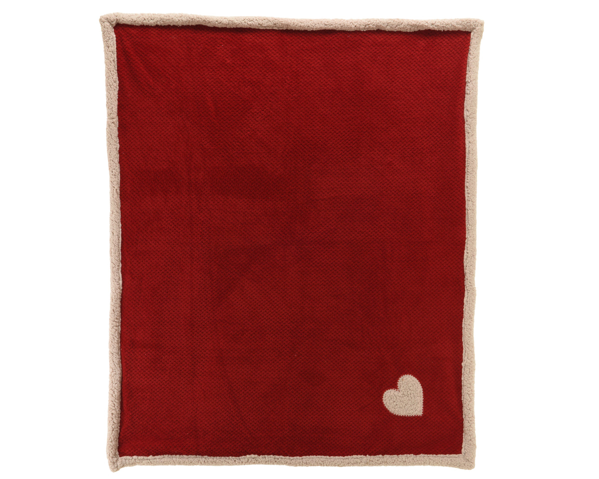 Throw Polyester Diamond Flannel w Sherpa Backing Heart Embroidery Red Throw