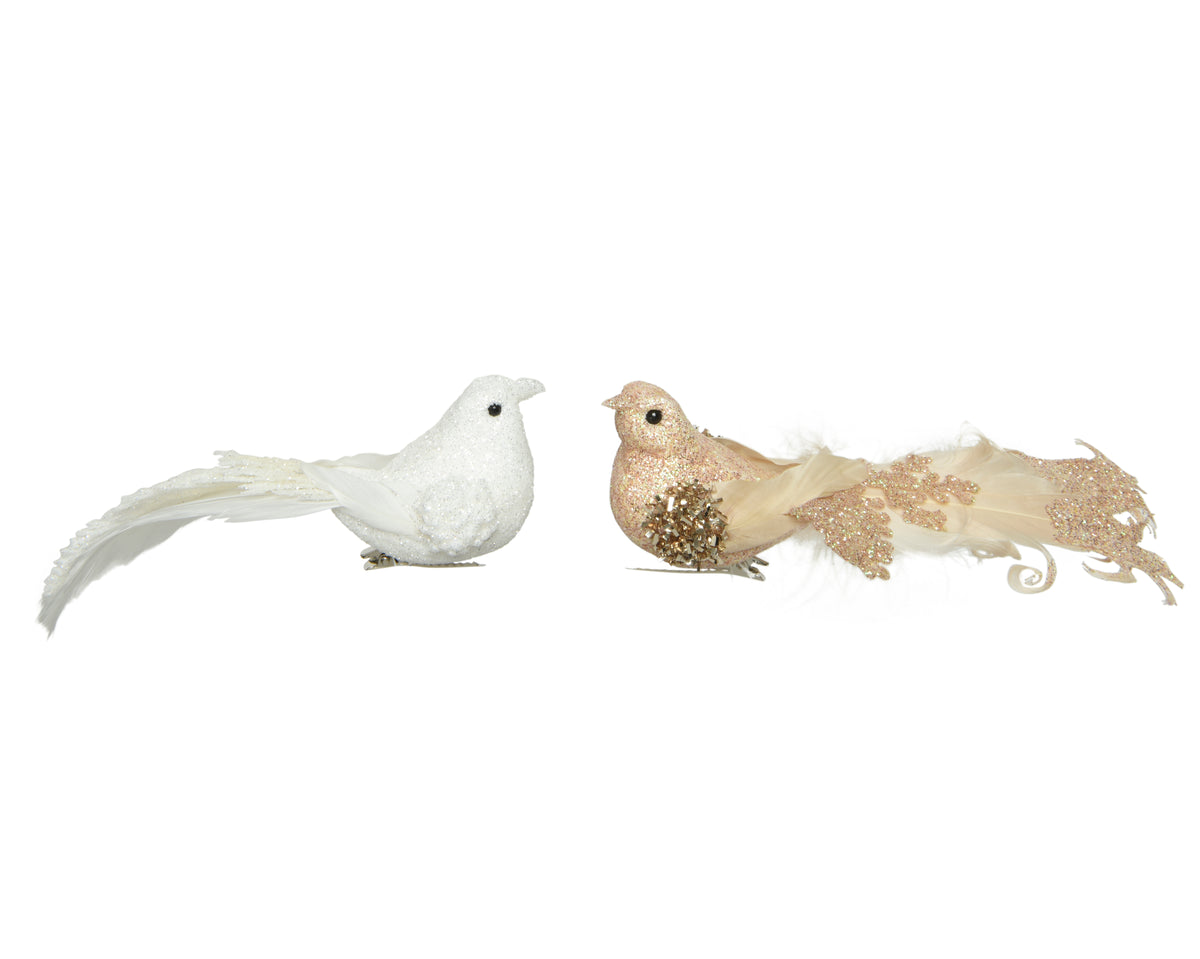 Bird Foam Pearls - Glitter Feather on Clip, Set of 2 (Camel & White)