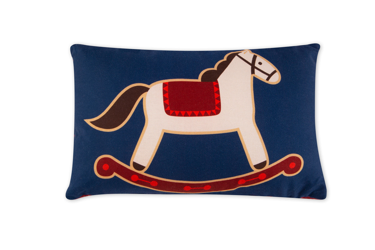 Vintage Christmas Dark Blue Pillow with Rocking Pony