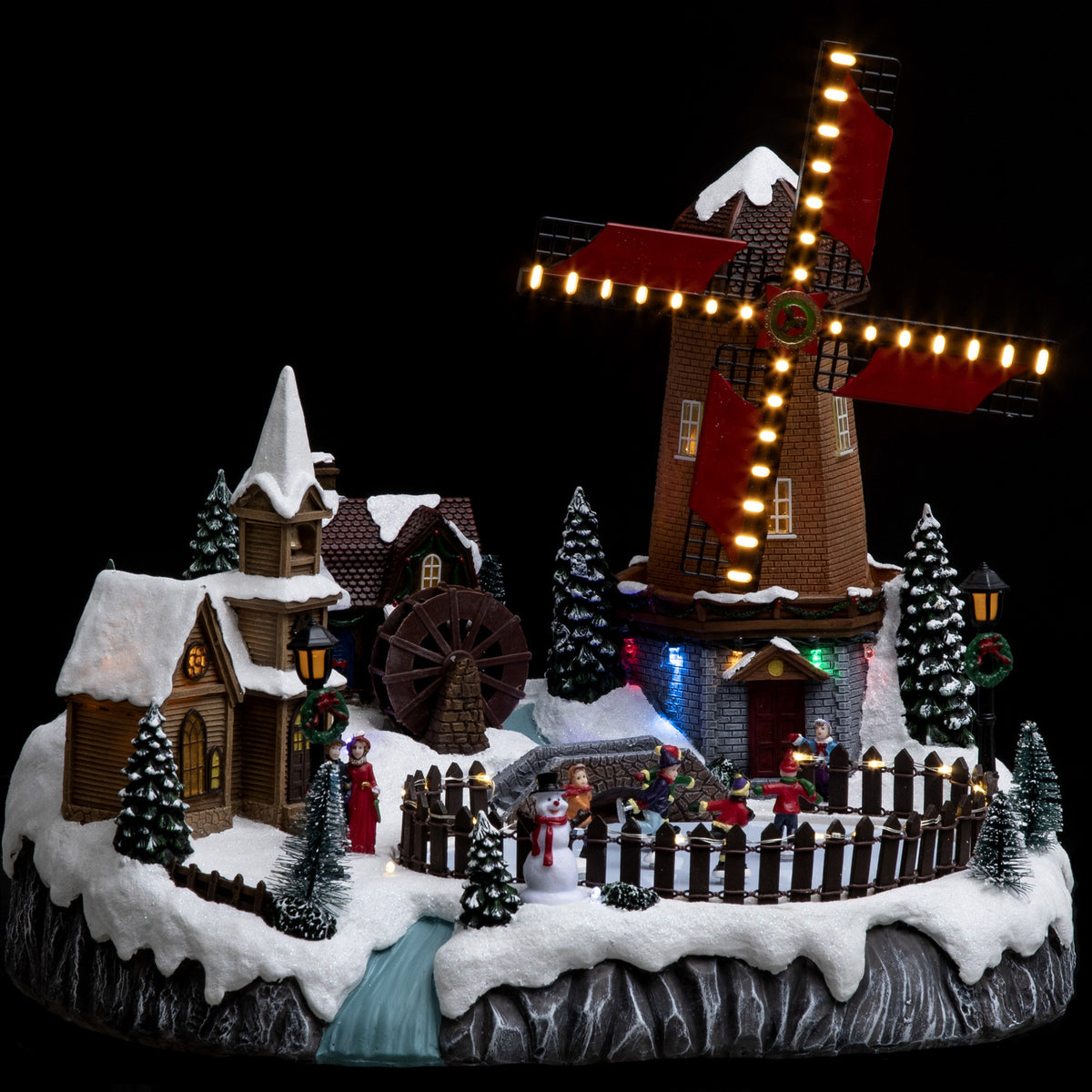 Lighted Village Square with Musical Mill Movement - 59 LED