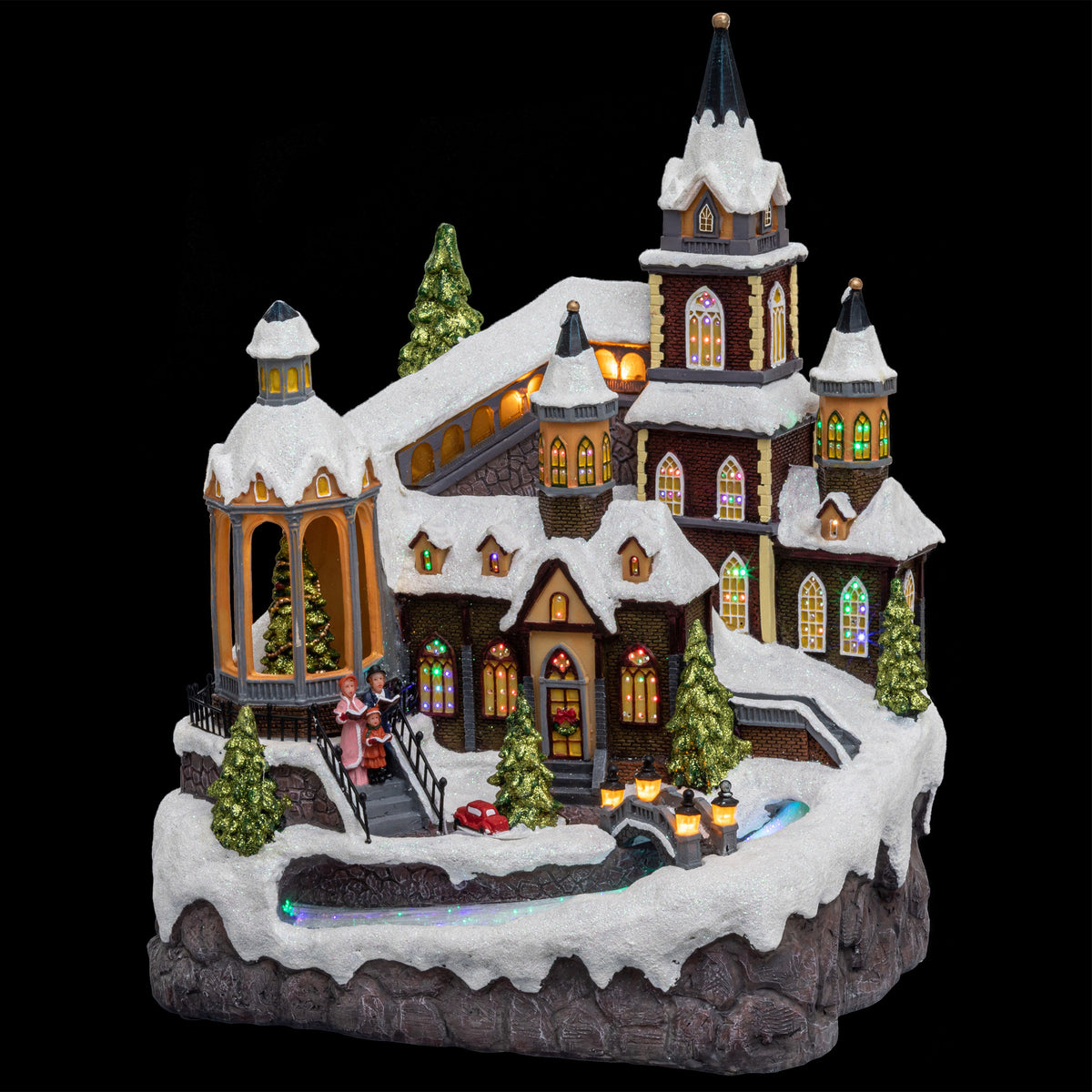 Village Illuminated Church with Moving River - 8 LEDs, Polyresin