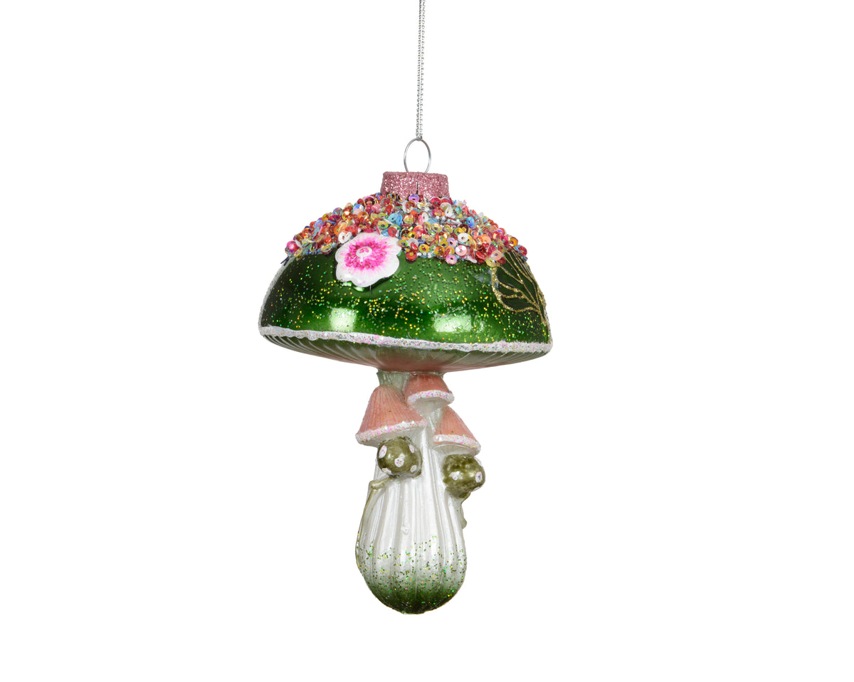 Mushroom Glass Glitter, Beads, W Spangles - Green Pink Sequin Ornament