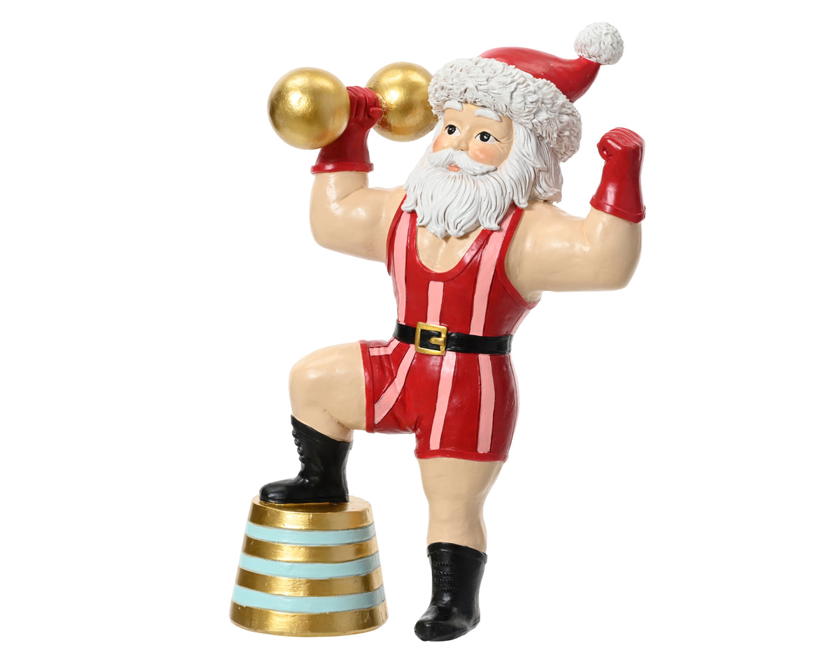 Santa Polyresin Weightlifter Ornament - 25cm Red Christmas Figurine