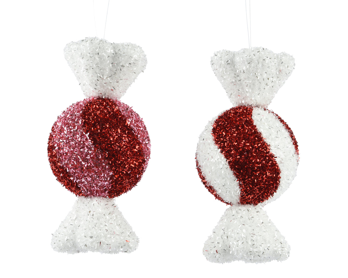 Candy Foam Tinsel Tree Ornament - 20cm Ribbon Hanger, Red/Pink or Red/White