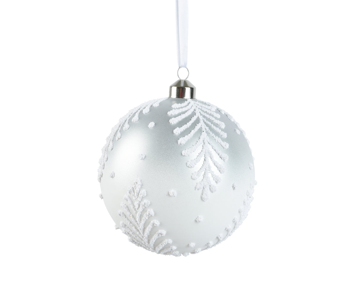 Baubles Glass Matt W Leaf - Winter White Glass Christmas Ball, 12/15cm