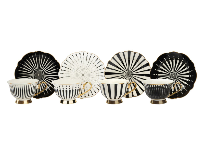 Porcelain Teacups with Saucers, Set of 4, Black and Gold Edging
