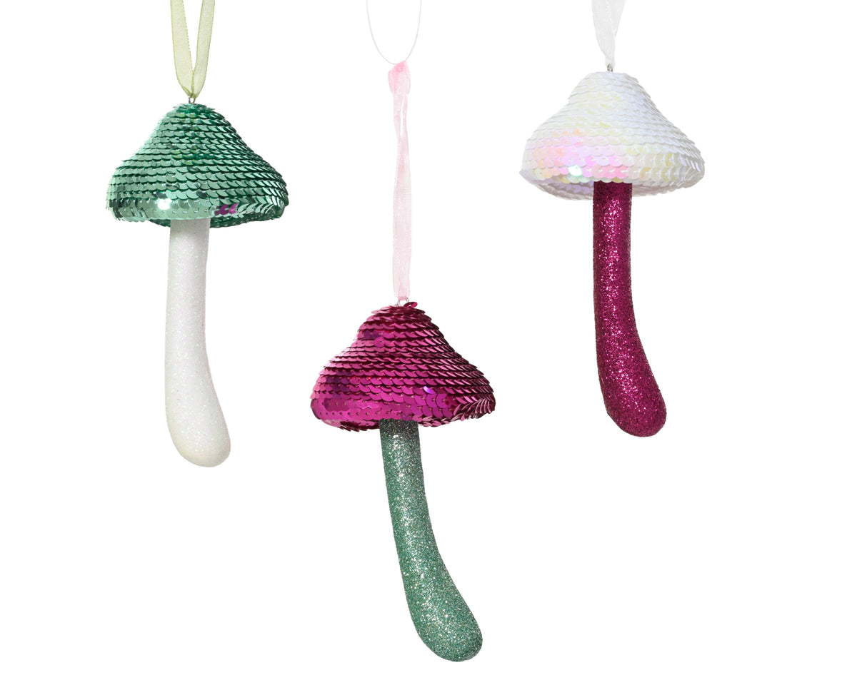 Mushroom Foam Hanging Ornament - Sequin Cap & Glitter Stem, 15.2 cm