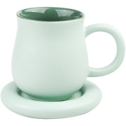 Stoneware Mug with Saucer - Green, Pink