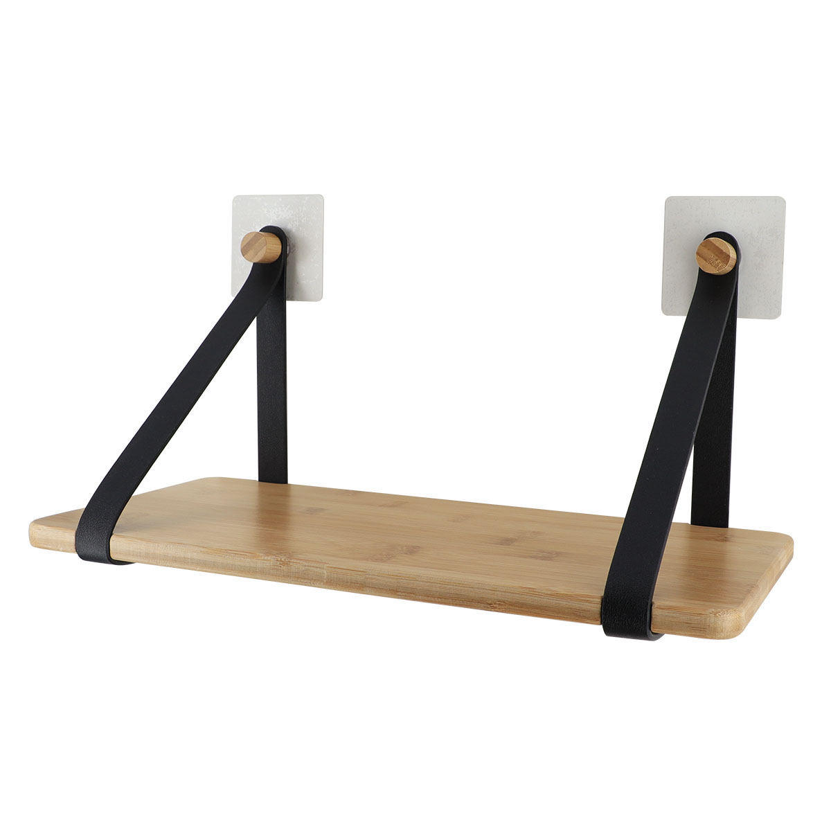 Bamboo Shelf with Leather, No-Drill Wall Mount, Modern Floating Shelf