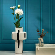 Vertical Bar Ceramic Vase, White and Black – Modern Decorative Accent