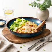 Ocean Blue Glazed Deep Plate with Golden-Brown Details