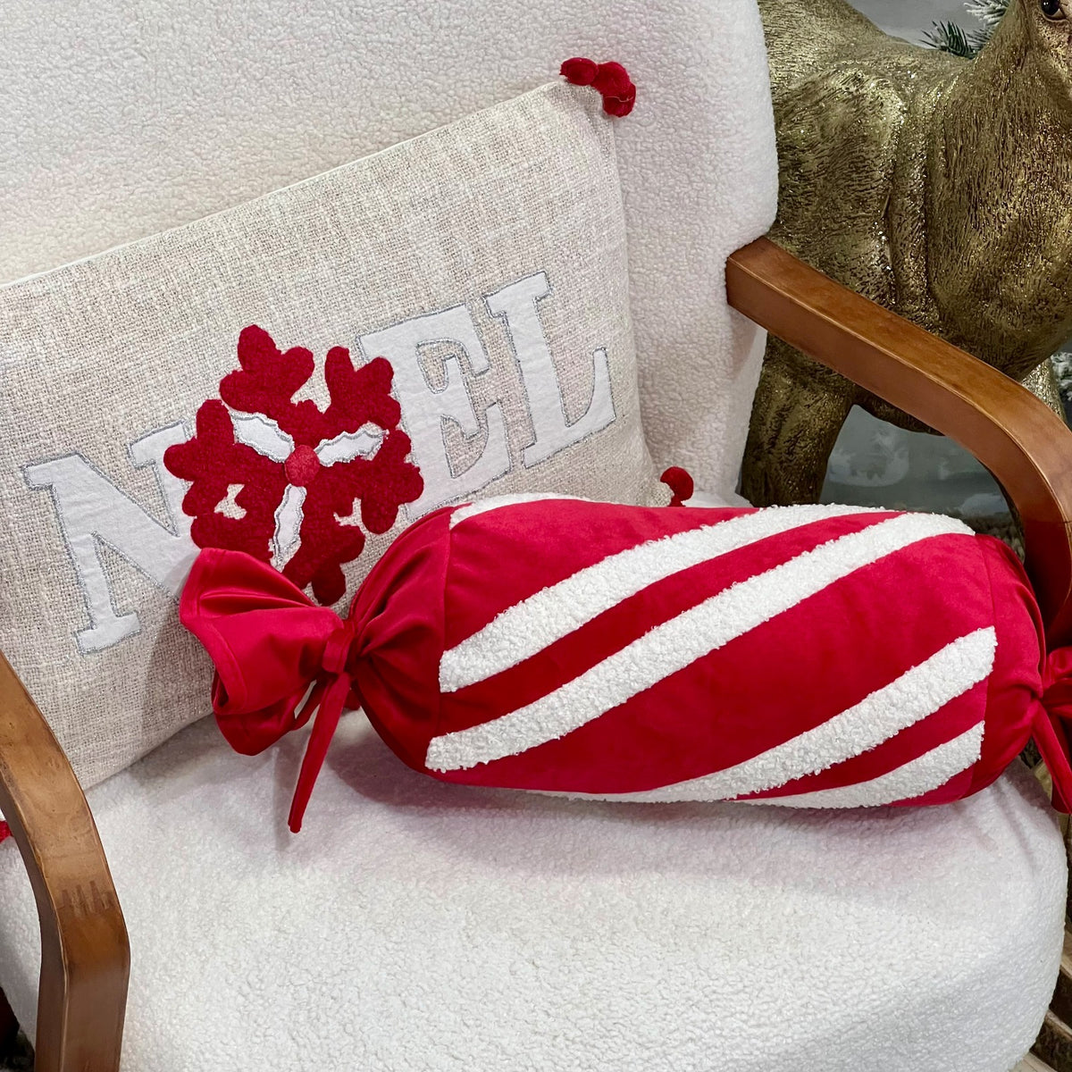 Candy Cushion Red & White Polyester Candy-Cane Bolster Pillow 14x14x30 cm