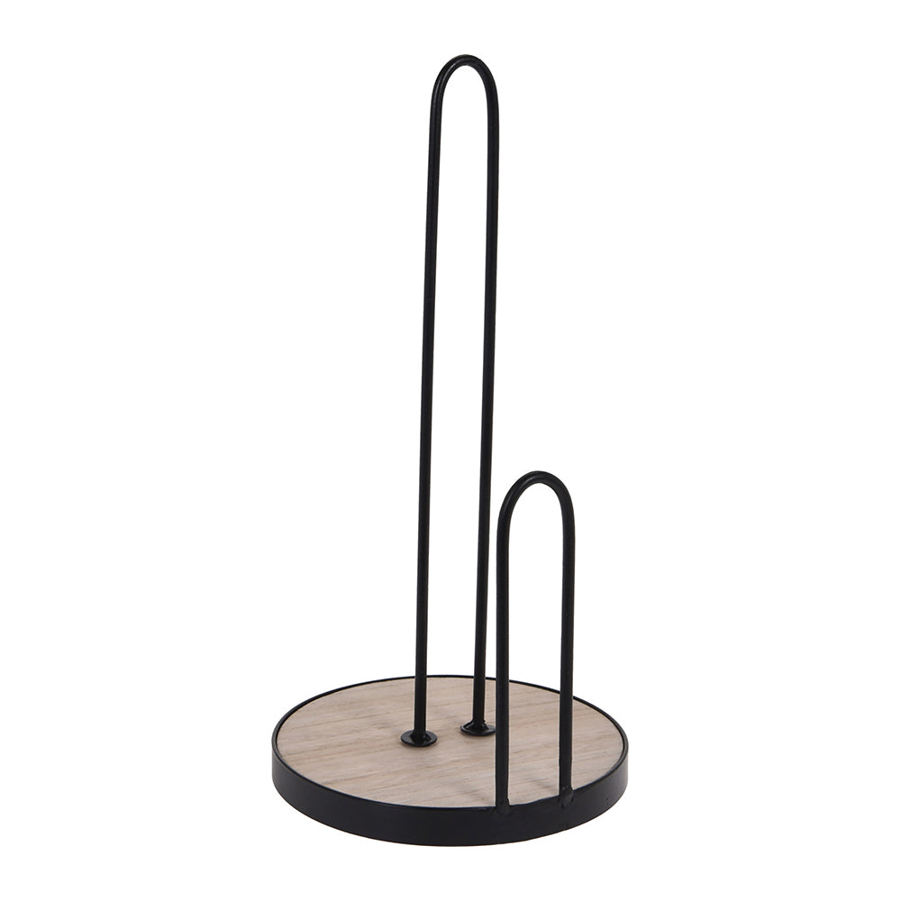 Kitchen Roll Holder – Matte Black Metal, Non-Slip Wood Base