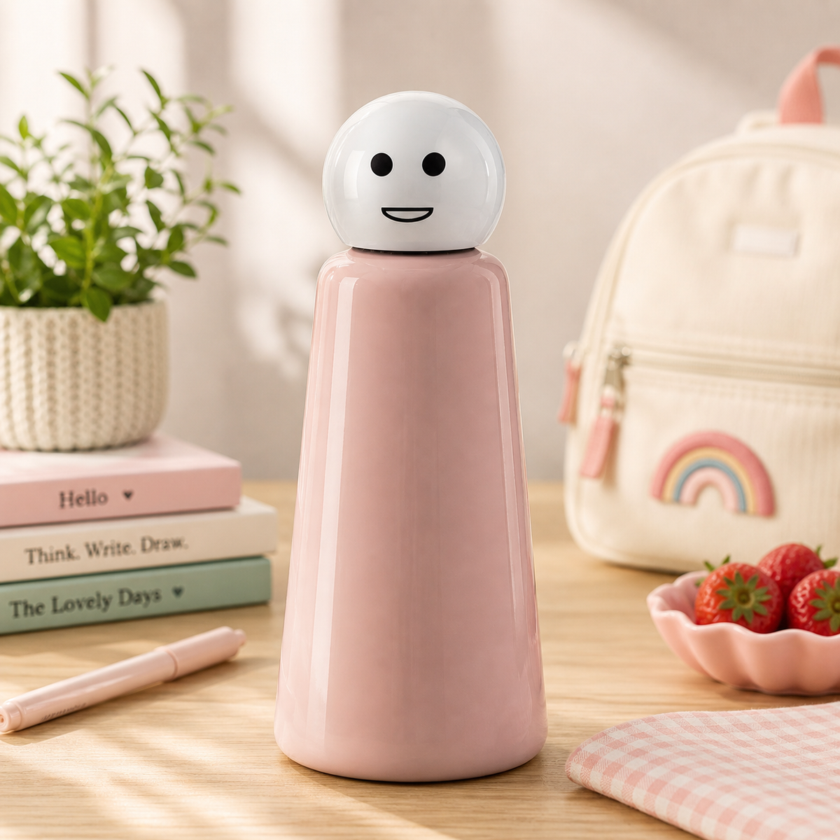 Skittle Bottle Original 500ml Stainless Steel Kids Water Bottle Pink Smile