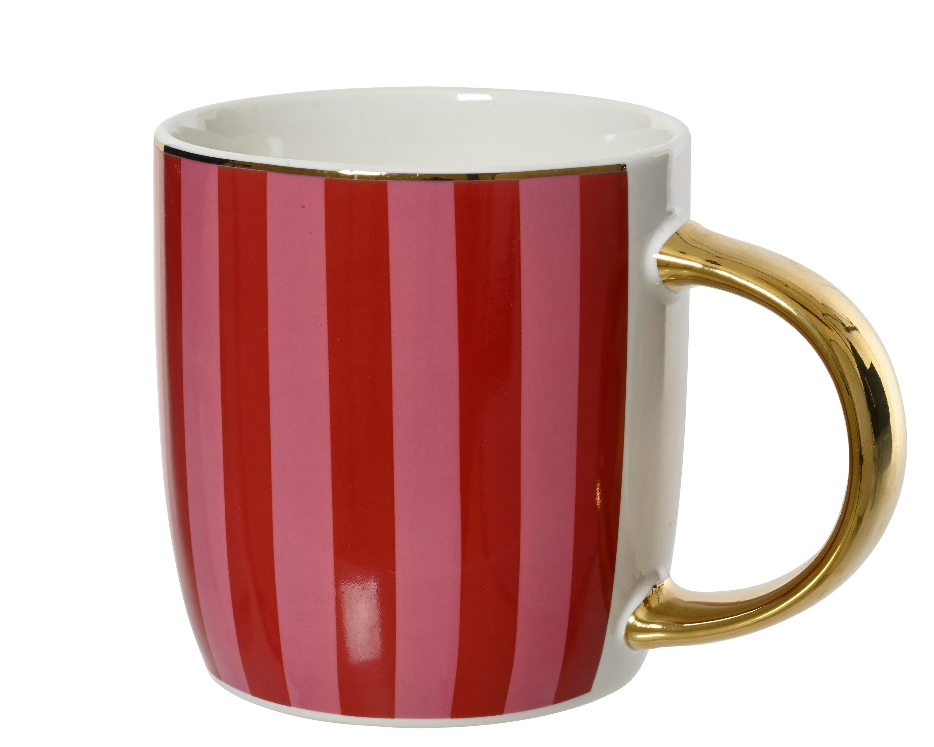 Mug Porcelain Decal Golden Details - Red & Pink Stripes, Gold Handle