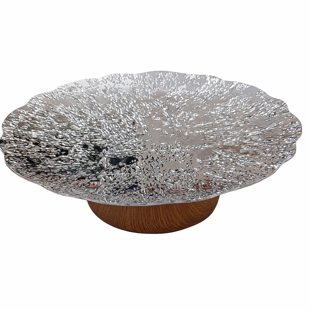 Silver Textured Cake Stand with Wooden Base D33 x H10 cm