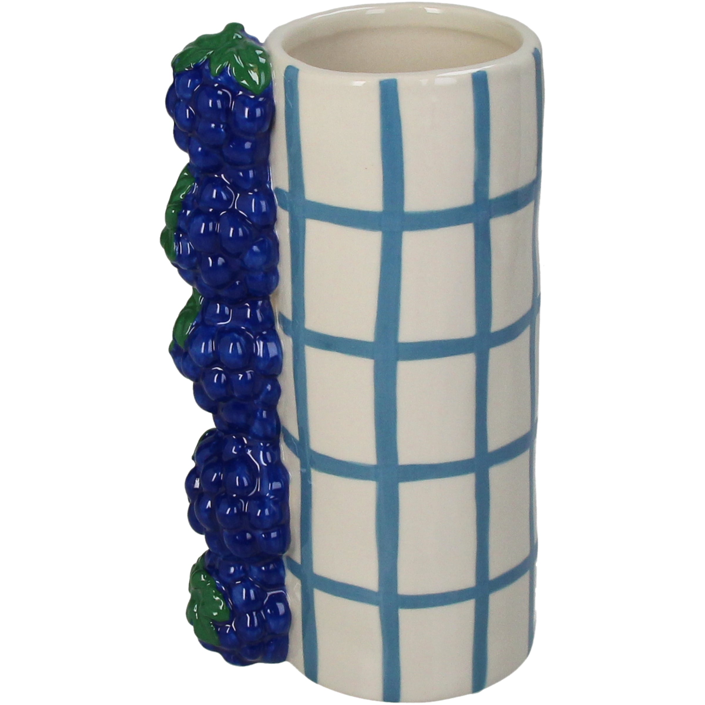 Vase Grape Stoneware Blue Decorative Checked Pattern Accent