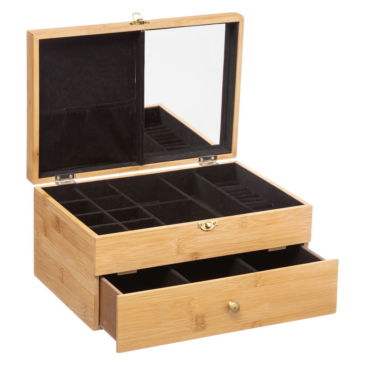 JEWELRY BAMBOO BOX TIDY - Velvet lined, 1 Mirror, 12 Boxes