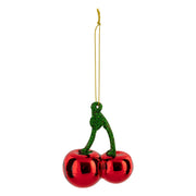 Glass cherries, 9 cm tall, red and green - Christmas glass ornament with green glitter stems